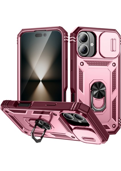 iPhone 16 Plus Için Kayar Lens Koruyucu Halka Standlı Telefon Kılıfı - Kırmızı - Pembe (Yurt Dışından)