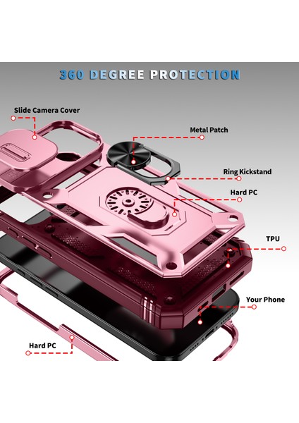 iPhone 16 Plus Için Kayar Lens Koruyucu Halka Standlı Telefon Kılıfı - Kırmızı - Pembe (Yurt Dışından) fiyatları
