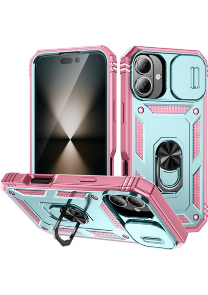 iPhone 16 Plus Için Kayar Lens Koruyucu Halka Standlı Telefon Kılıfı - Pembe-Yeşil (Yurt Dışından)