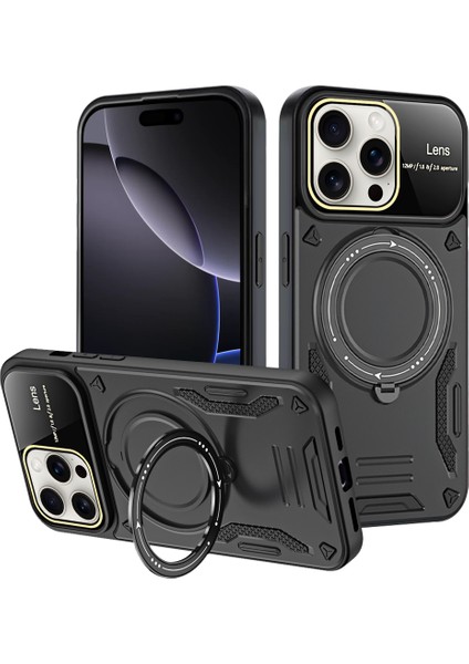 iPhone 16 Pro Için Çift Katmanlı Manyetik Halka Standı Magsafe Telefon Kılıf Lens Kapağı ile - Siyah (Yurt Dışından)
