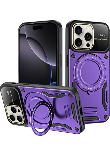 iPhone 16 Pro Için Çift Katmanlı Manyetik Halka Standı Magsafe Telefon Kılıf Lens Kapağı ile - Mor (Yurt Dışından)