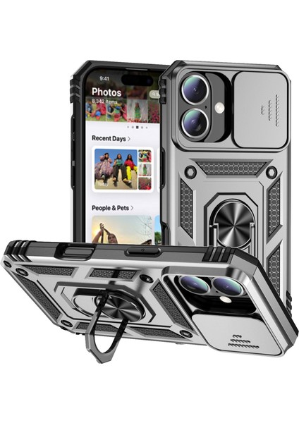 iPhone 16 Için Halka Ayaklı ve Kayar Kamera Kapaklı Telefon Kılıf - Gümüş (Yurt Dışından)
