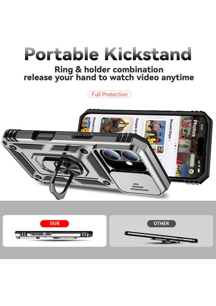 iPhone 16 Için Halka Ayaklı ve Kayar Kamera Kapaklı Telefon Kılıf - Gümüş (Yurt Dışından) indirimleri