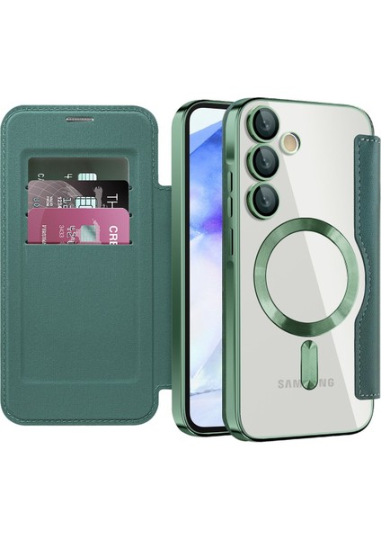 Samsung Galaxy A55 Için Magsafe Şeffaf Elektrokaplama Manyetik Pu Deri Telefon Kılıfı - Yeşil (Yurt Dışından)