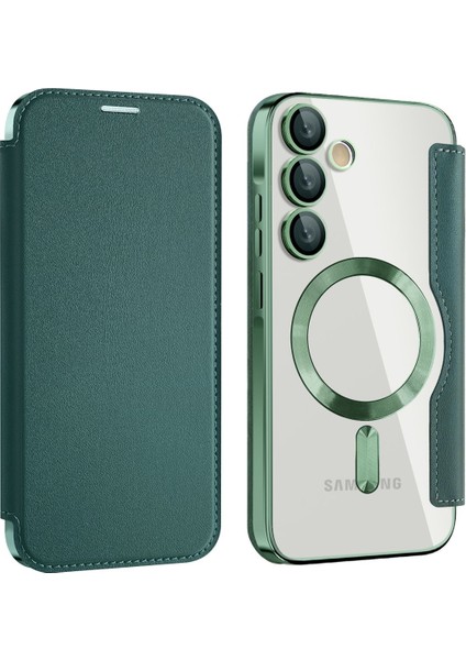 Samsung Galaxy A55 Için Magsafe Şeffaf Elektrokaplama Manyetik Pu Deri Telefon Kılıfı - Yeşil (Yurt Dışından)