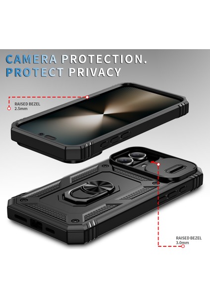 iPhone 16 Plus Için Kayar Lens Koruyucu Halka Standlı Telefon Kılıfı - Siyah (Yurt Dışından) modelleri