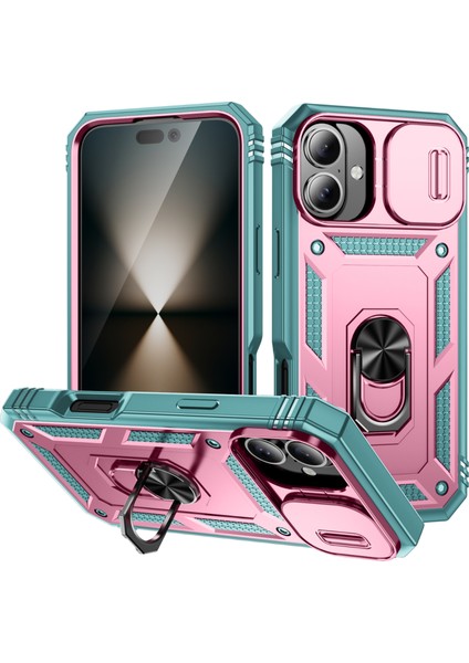 iPhone 16 Plus Için Kayar Lens Koruyucu Halka Standlı Telefon Kılıfı - Yeşil - Pembe (Yurt Dışından)