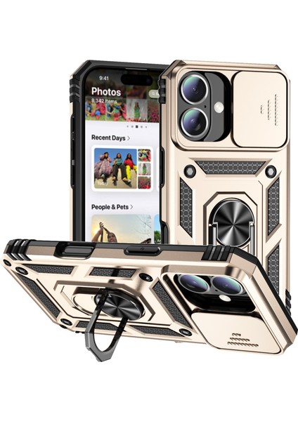 iPhone 16 Için Halka Ayaklı ve Kayar Kamera Kapaklı Telefon Kılıf - Altın (Yurt Dışından)