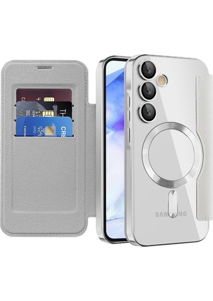 Samsung Galaxy A55 Için Magsafe Şeffaf Elektrokaplama Manyetik Pu Deri Telefon Kılıfı - Gümüş (Yurt Dışından)