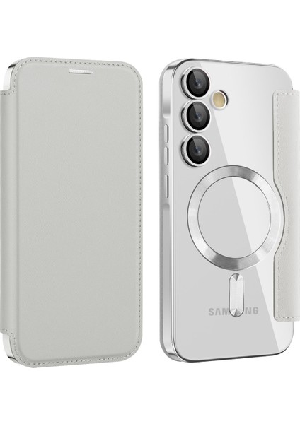 Samsung Galaxy A55 Için Magsafe Şeffaf Elektrokaplama Manyetik Pu Deri Telefon Kılıfı - Gümüş (Yurt Dışından)
