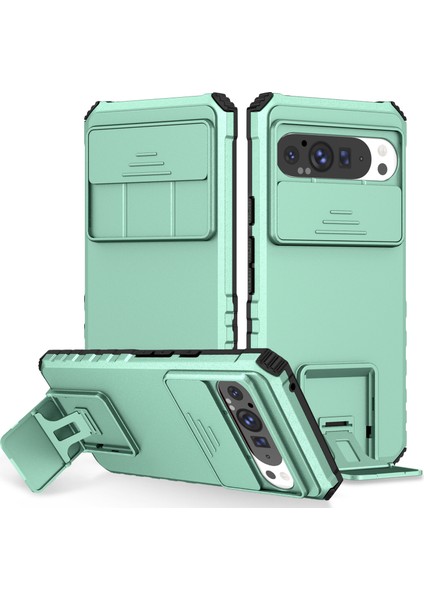 Pixel 9 Pro Xl Kayar Kamera Kapaklı Sağlam Standı Telefon Kılıfı - Yeşil - Turkuaz (Yurt Dışından)