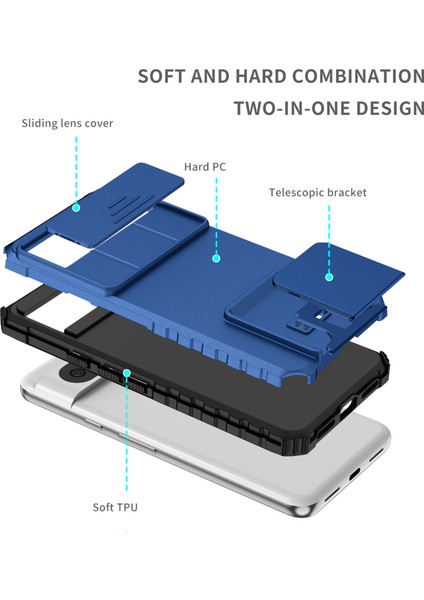 Pixel 8 Kayar Kamera Kapaklı Sağlam Standı Telefon Kılıfı - Mavi (Yurt Dışından)
