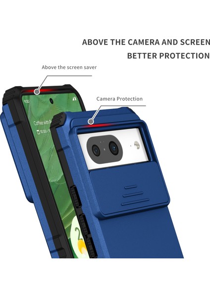 Pixel 8 Kayar Kamera Kapaklı Sağlam Standı Telefon Kılıfı - Mavi (Yurt Dışından)