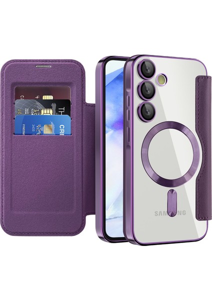Samsung Galaxy A55 Için Magsafe Şeffaf Elektrokaplama Manyetik Pu Deri Telefon Kılıfı - Mor (Yurt Dışından)