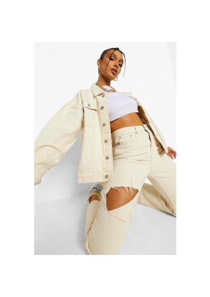 Kadın Ekru Boyfriend Kot Ceket modelleri