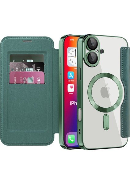 iPhone 16 Plus Için Magsafe Şeffaf Elektrokaplama Manyetik Pu Deri Telefon Kılıfı - Yeşil (Yurt Dışından)