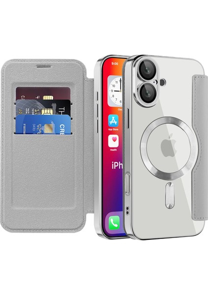 iPhone 16 Plus Için Magsafe Şeffaf Elektrokaplama Manyetik Pu Deri Telefon Kılıfı - Gümüş (Yurt Dışından)