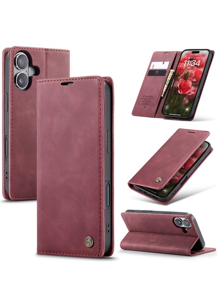 iPhone 16 Plus Için Retro Pu Deri Cüzdan Flip Standlı Telefon Kılıfı - Kırmızı (Yurt Dışından)