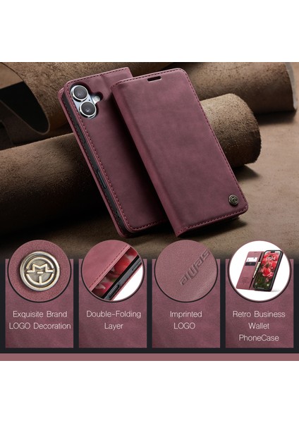 iPhone 16 Plus Için Retro Pu Deri Cüzdan Flip Standlı Telefon Kılıfı - Kırmızı (Yurt Dışından)