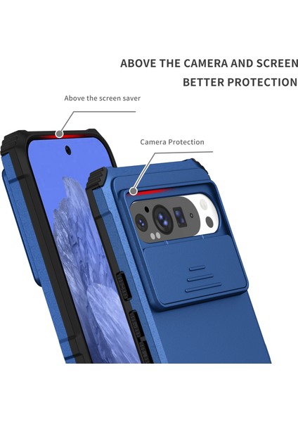 Pixel 9 Pro Xl Kayar Kamera Kapaklı Sağlam Standı Telefon Kılıfı - Mavi (Yurt Dışından)