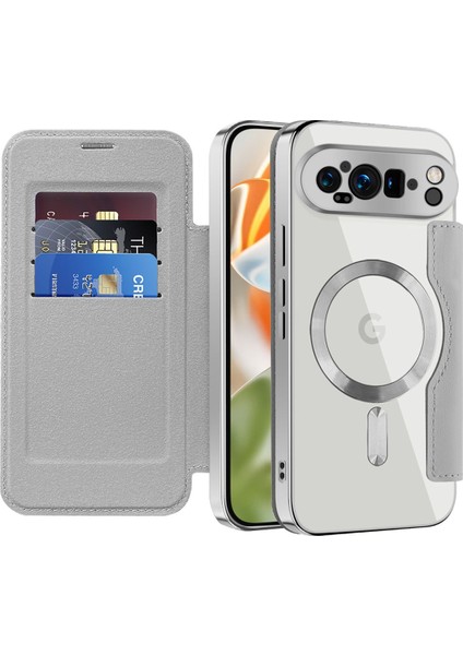 Pixel 9 Pro Xl Için Magsafe Şeffaf Elektrokaplama Manyetik Pu Deri Telefon Kılıfı - Gümüş (Yurt Dışından)