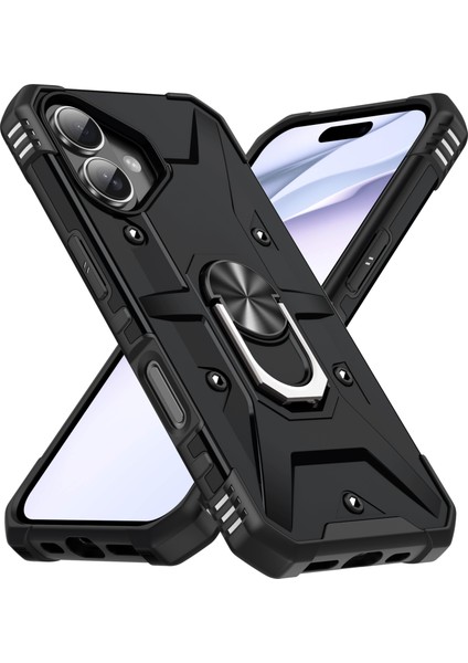 iPhone 16 Için Halka Tutucu Standlı Çift Katmanlı Telefon Kılıfı - Siyah (Yurt Dışından)