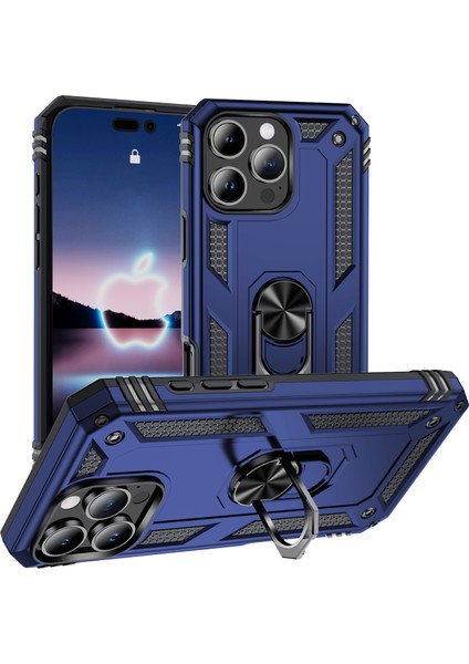 iPhone 16 Pro Max Için Halka Tutuculu Çift Katmanlı Telefon Kılıfı - Mavi (Yurt Dışından)