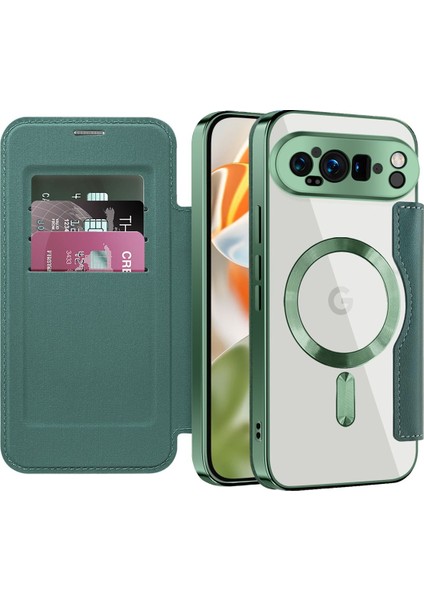 Pixel 9 Pro Xl Için Magsafe Şeffaf Elektrokaplama Manyetik Pu Deri Telefon Kılıfı - Yeşil (Yurt Dışından)