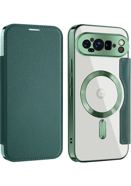 Pixel 9 Pro Xl Için Magsafe Şeffaf Elektrokaplama Manyetik Pu Deri Telefon Kılıfı - Yeşil (Yurt Dışından)