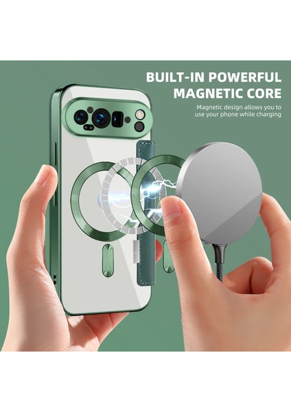 Pixel 9 Pro Xl Için Magsafe Şeffaf Elektrokaplama Manyetik Pu Deri Telefon Kılıfı - Yeşil (Yurt Dışından)