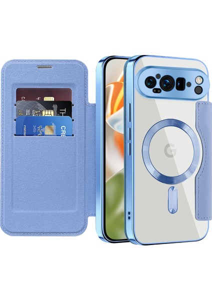 Pixel 9 Pro Xl Için Magsafe Şeffaf Elektrokaplama Manyetik Pu Deri Telefon Kılıfı - Mavi (Yurt Dışından)