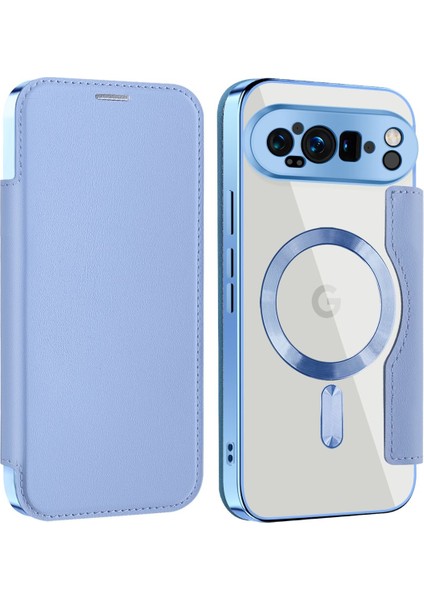 Pixel 9 Pro Xl Için Magsafe Şeffaf Elektrokaplama Manyetik Pu Deri Telefon Kılıfı - Mavi (Yurt Dışından)