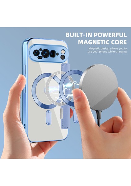 Pixel 9 Pro Xl Için Magsafe Şeffaf Elektrokaplama Manyetik Pu Deri Telefon Kılıfı - Mavi (Yurt Dışından)