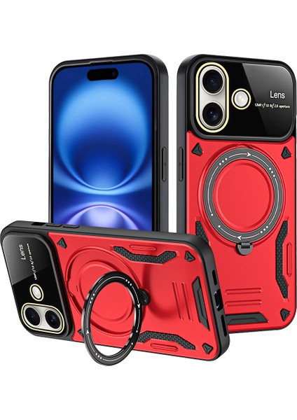 iPhone 16 Için Çift Katmanlı Manyetik Halka Standı Magsafe Telefon Kılıf Lens Kapağı ile - Kırmızı (Yurt Dışından)