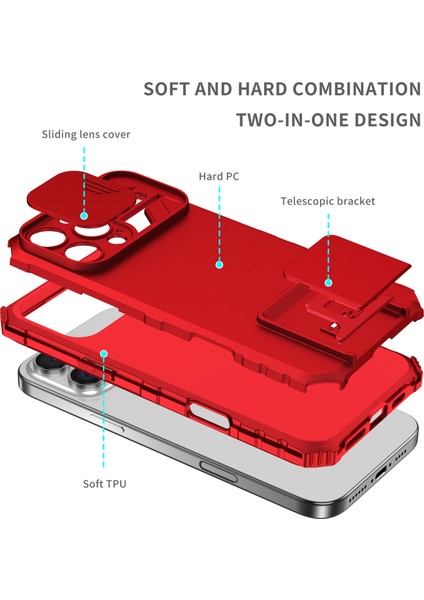 iPhone 16 Pro Kayar Kamera Kapaklı Sağlam Standı Telefon Kılıfı - Kırmızı (Yurt Dışından) indirimleri