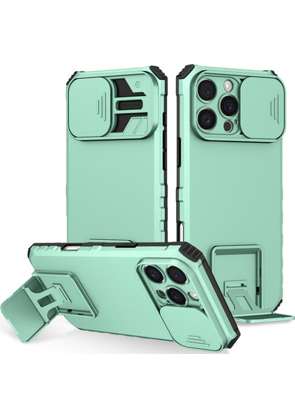 iPhone 16 Pro Kayar Kamera Kapaklı Sağlam Standı Telefon Kılıfı - Yeşil - Turkuaz (Yurt Dışından)