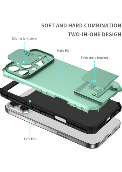 iPhone 16 Pro Kayar Kamera Kapaklı Sağlam Standı Telefon Kılıfı - Yeşil - Turkuaz (Yurt Dışından) indirimleri