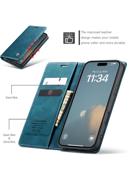 iPhone 16 Pro Max Için Retro Pu Deri Cüzdan Flip Standlı Telefon Kılıfı - Mavi (Yurt Dışından) fiyatları