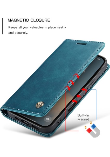 iPhone 16 Pro Max Için Retro Pu Deri Cüzdan Flip Standlı Telefon Kılıfı - Mavi (Yurt Dışından) fırsatları