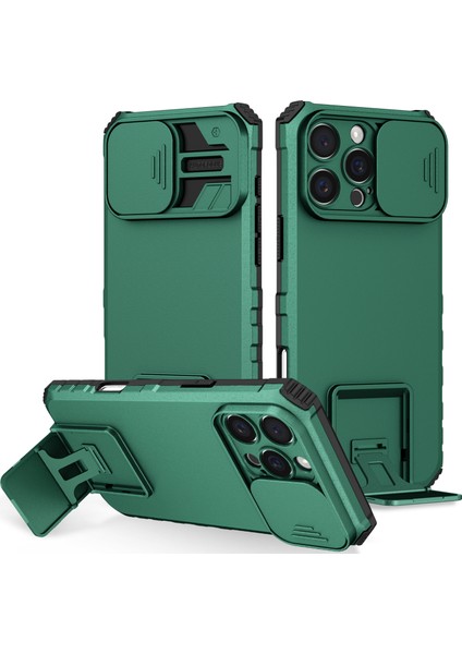 iPhone 16 Pro Max Kayar Kamera Kapaklı Sağlam Standı Telefon Kılıfı - Yeşil (Yurt Dışından)