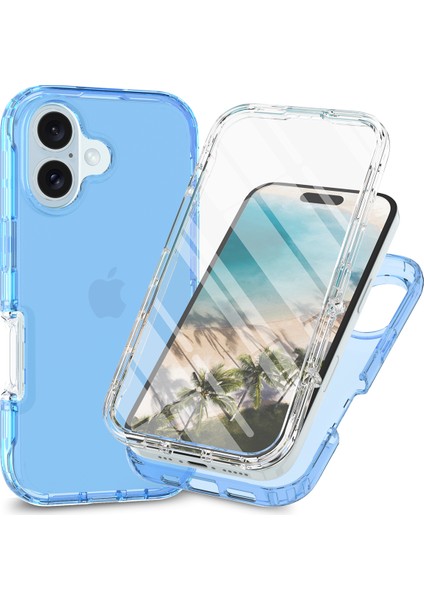 iPhone 16 Için Dahili Ekran Koruyucu Tam Gövde Koruma Telefon Kılıfı - Gök Mavisi (Yurt Dışından)