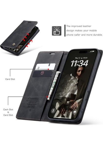 iPhone 16 Pro Max Için Retro Pu Deri Cüzdan Flip Standlı Telefon Kılıfı - Siyah (Yurt Dışından) fiyatları
