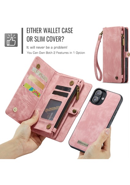 iPhone 16 Plus Için Vintage Çok Fonksiyonlu Deri Flip Cüzdan Kart Yuvaları Telefon Kılıfı - Pembe (Yurt Dışından)