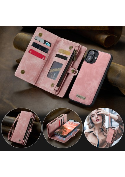 iPhone 16 Plus Için Vintage Çok Fonksiyonlu Deri Flip Cüzdan Kart Yuvaları Telefon Kılıfı - Pembe (Yurt Dışından)