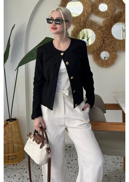 Siyah Kemerli ve Dokulu Kadın Ceket MG2209