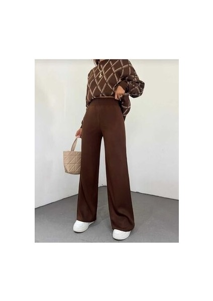 Kadın Kışlık Rahat Kalıp Bol Paça Comfort Beli Lastikli Triko Pantolon