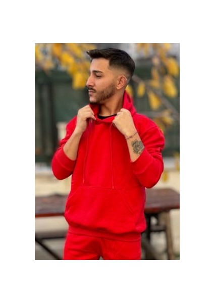 Erkek Kapşonlu Unisex Kırmızı Sweatshirt Hoodie Oversize