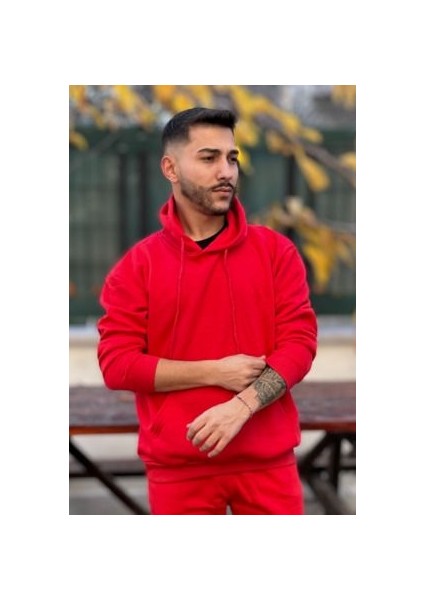 Erkek Kapşonlu Unisex Kırmızı Sweatshirt Hoodie Oversize