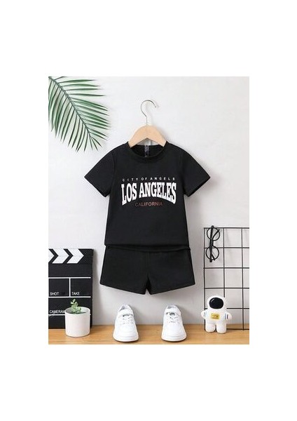 Los Angeles California Baskılı Pamuk Çocuk Siyah Şort T-Shirt Takım - Çocuk Yazlık Bisiklet Yaka