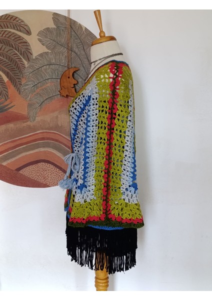 Hippybutik Mavi Yeşil Kırmızı Çok Renkli Mandala Tığ Dokuma Elişi Tasarım Hırka/ Kruvaze Bluz